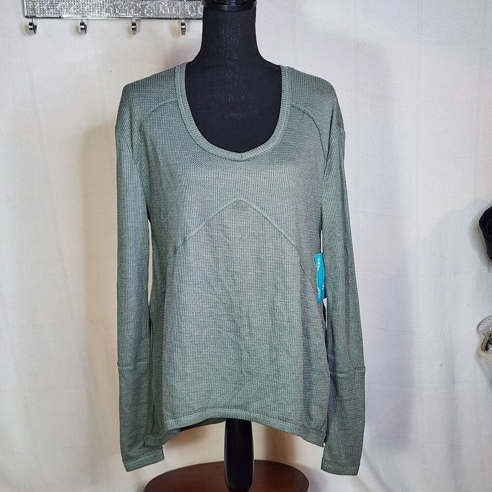 Fringe Studios Green Cotton Poly LS Deep Side Slit High Low Waffle Knit Top Sz M